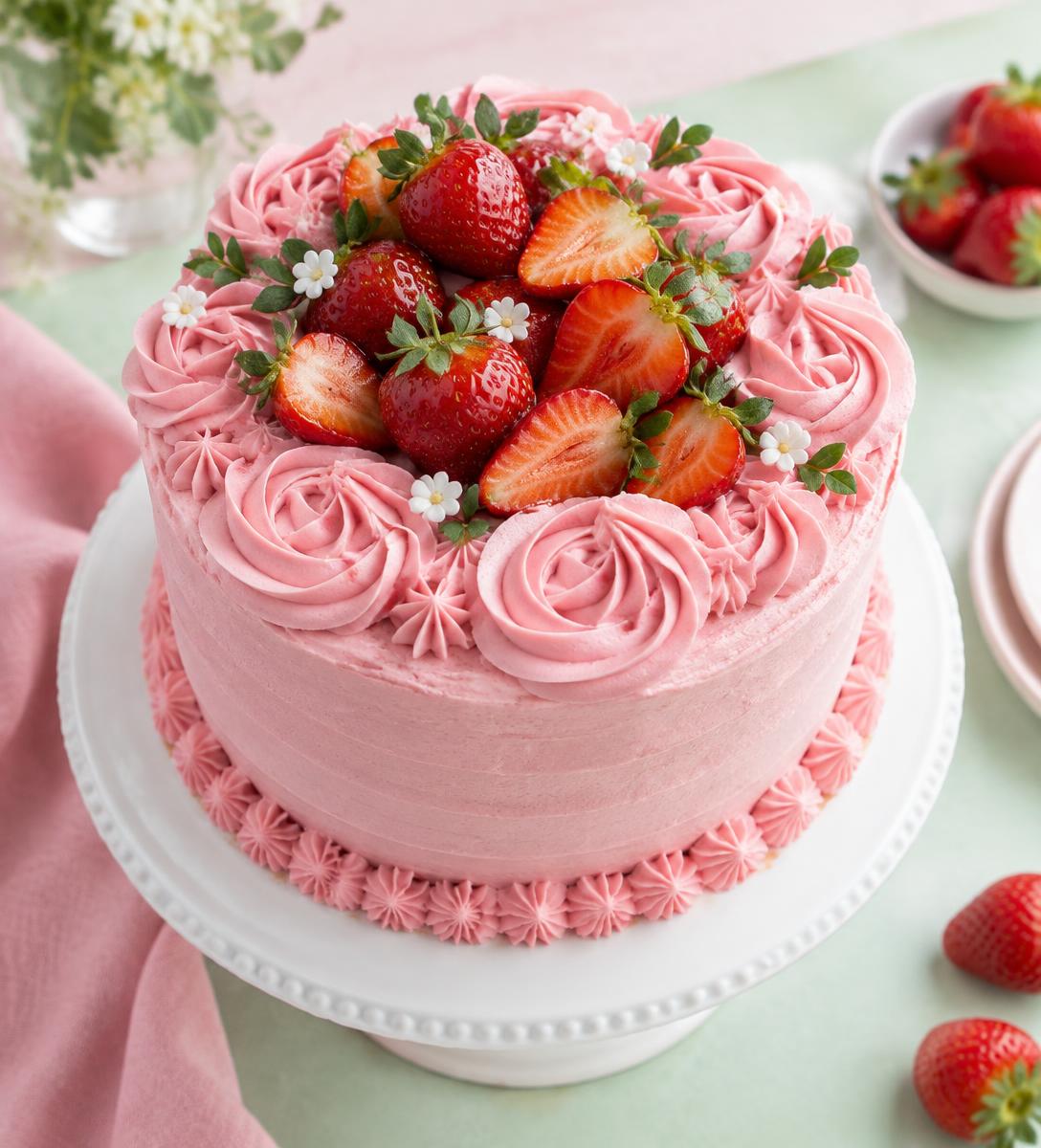 Pink strawberry celebration cake with buttercream rosettes